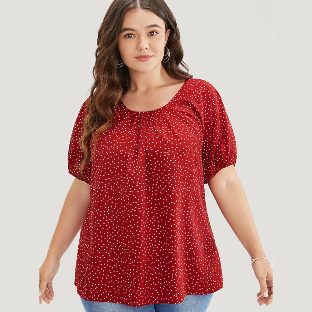 NWT BloomChic Scarlet Polka Dot Pleated Round Neck Puff Sleeve Blouse Size 28/5X